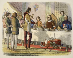 Prins Edward bedient John van Artois aan tafel na hem te hebben verslagen bij Poitiers, uit A Chronicle of England BC 55 to AD 1485, pub. London, 1863